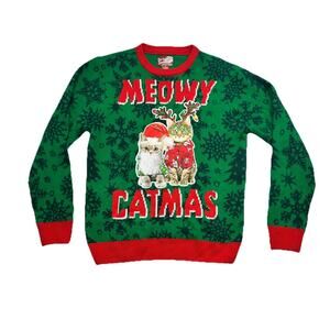 Christmas Sweater Womens M Party Sweater Meowy Catmas Ugly Green Red Holiday